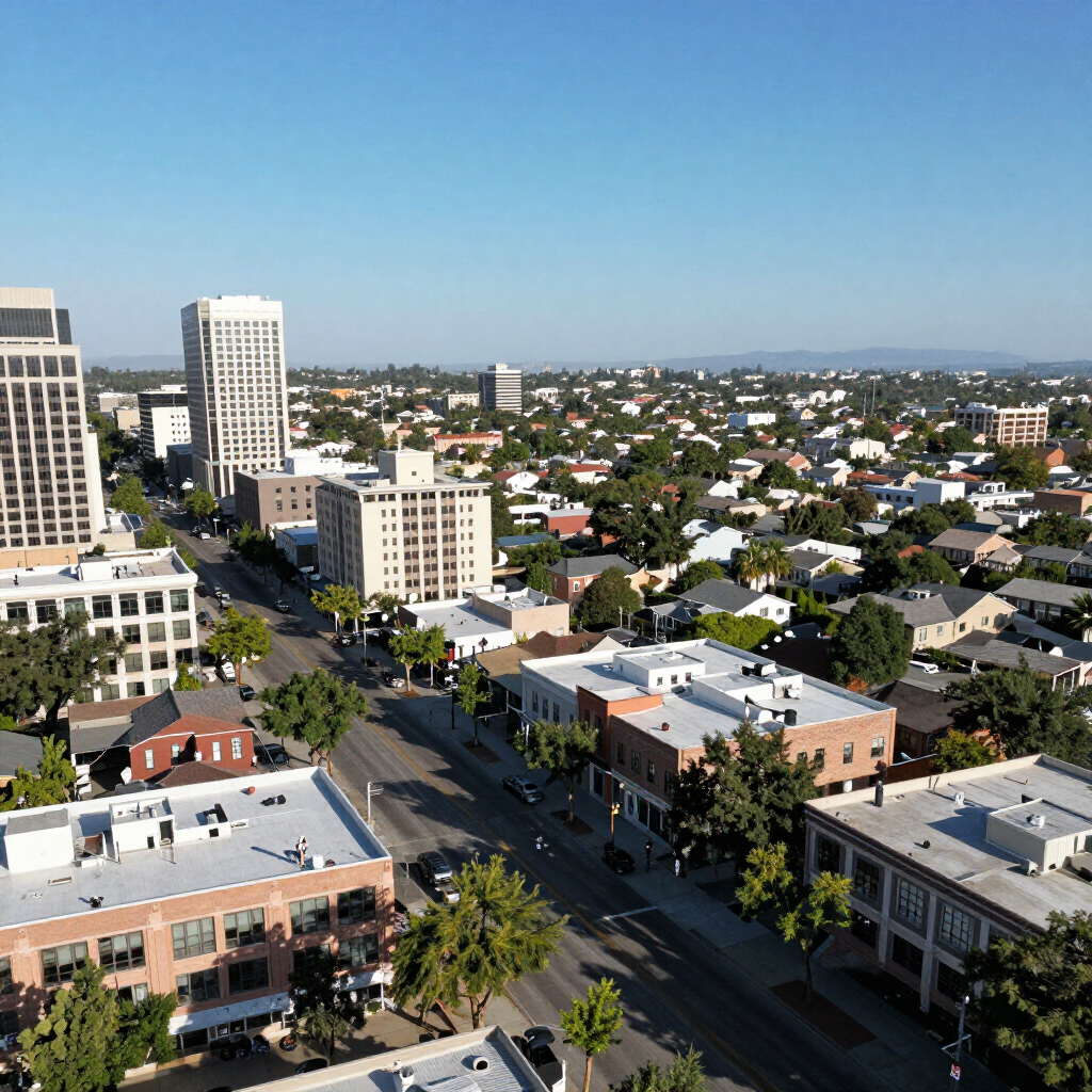 Aerial view of a downtown cityscape with office buildings, streets, and neighborhoods under a clear blue sky