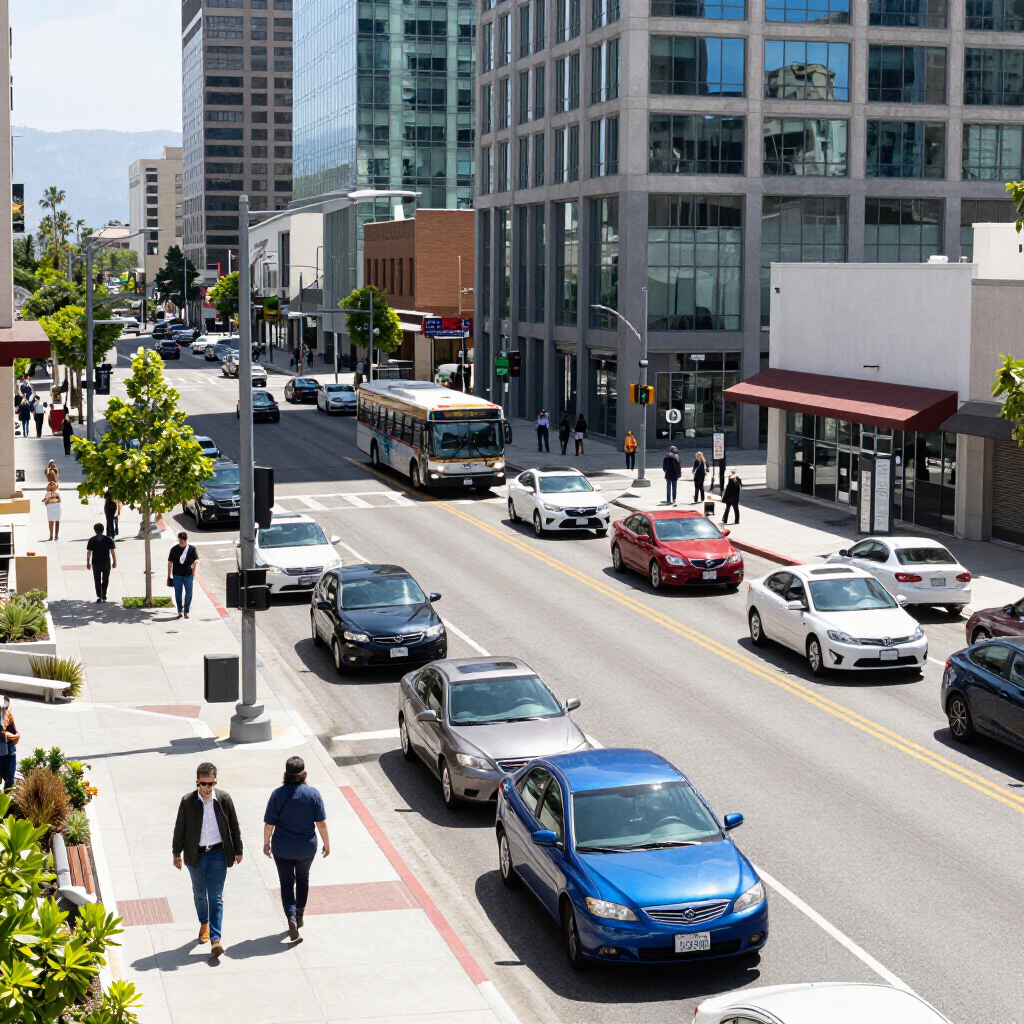 Downtown street with cars, pedestrians, and a bus beside tall glass buildings on a sunny day