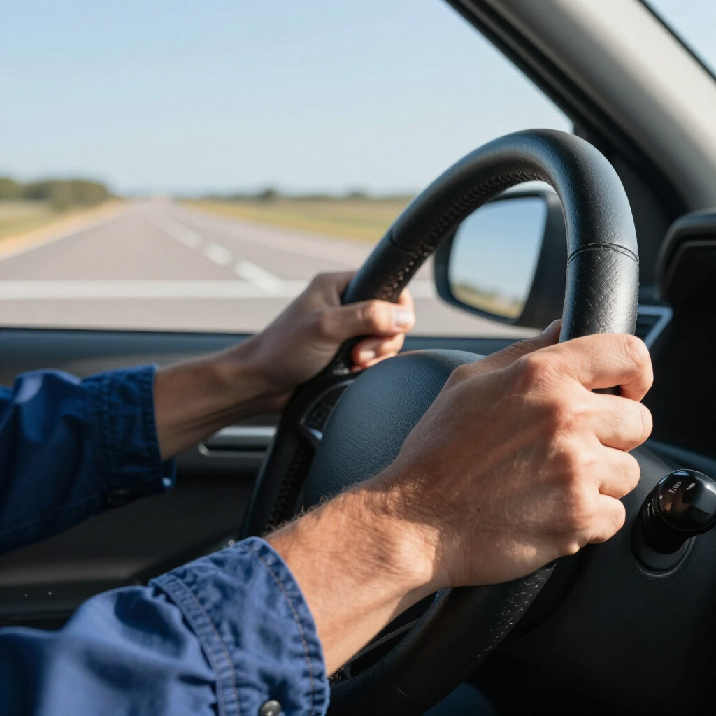 Hands gripping a steering wheel while driving on an open road