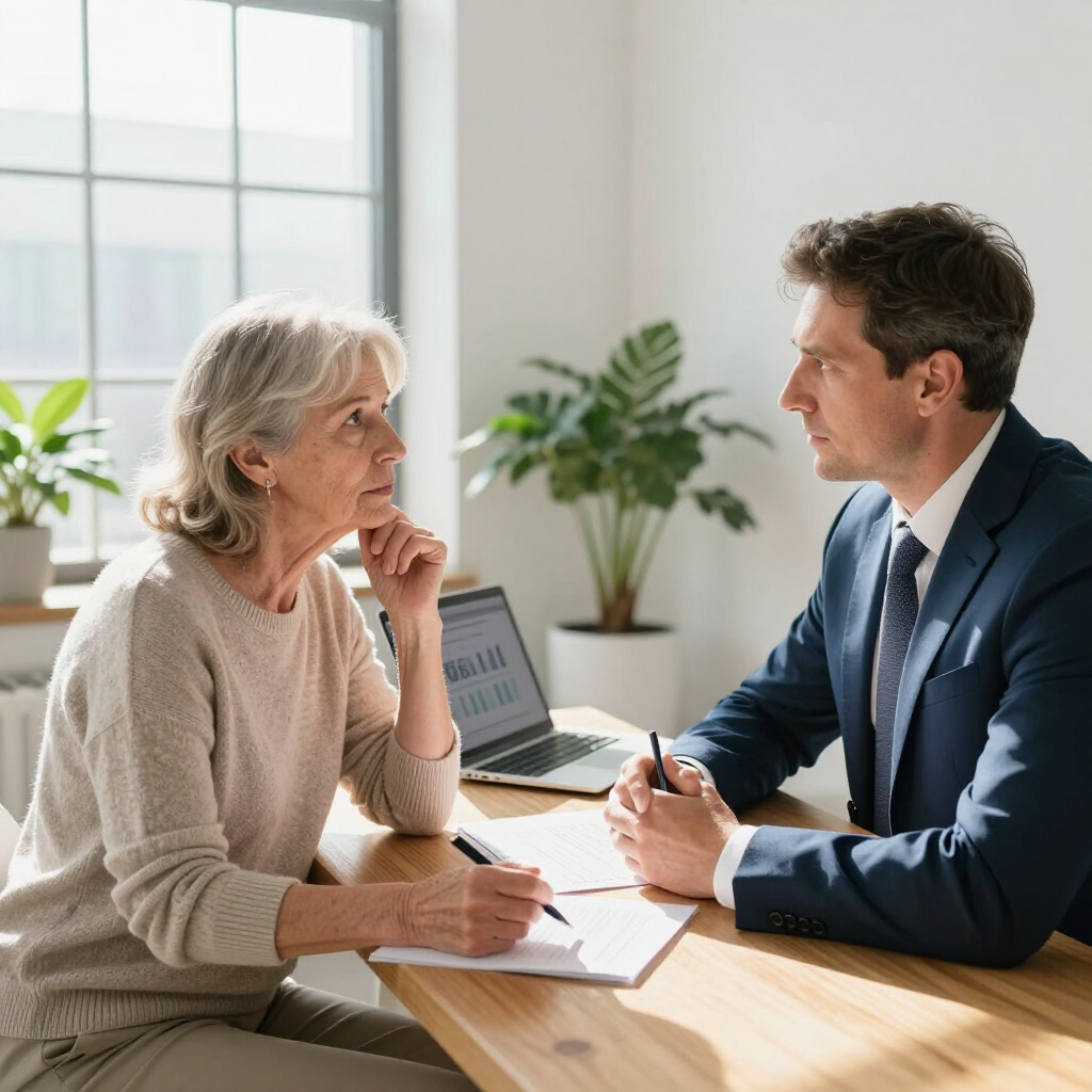 Two people in a bright office meeting across a desk, discussing documents with a laptop nearby.