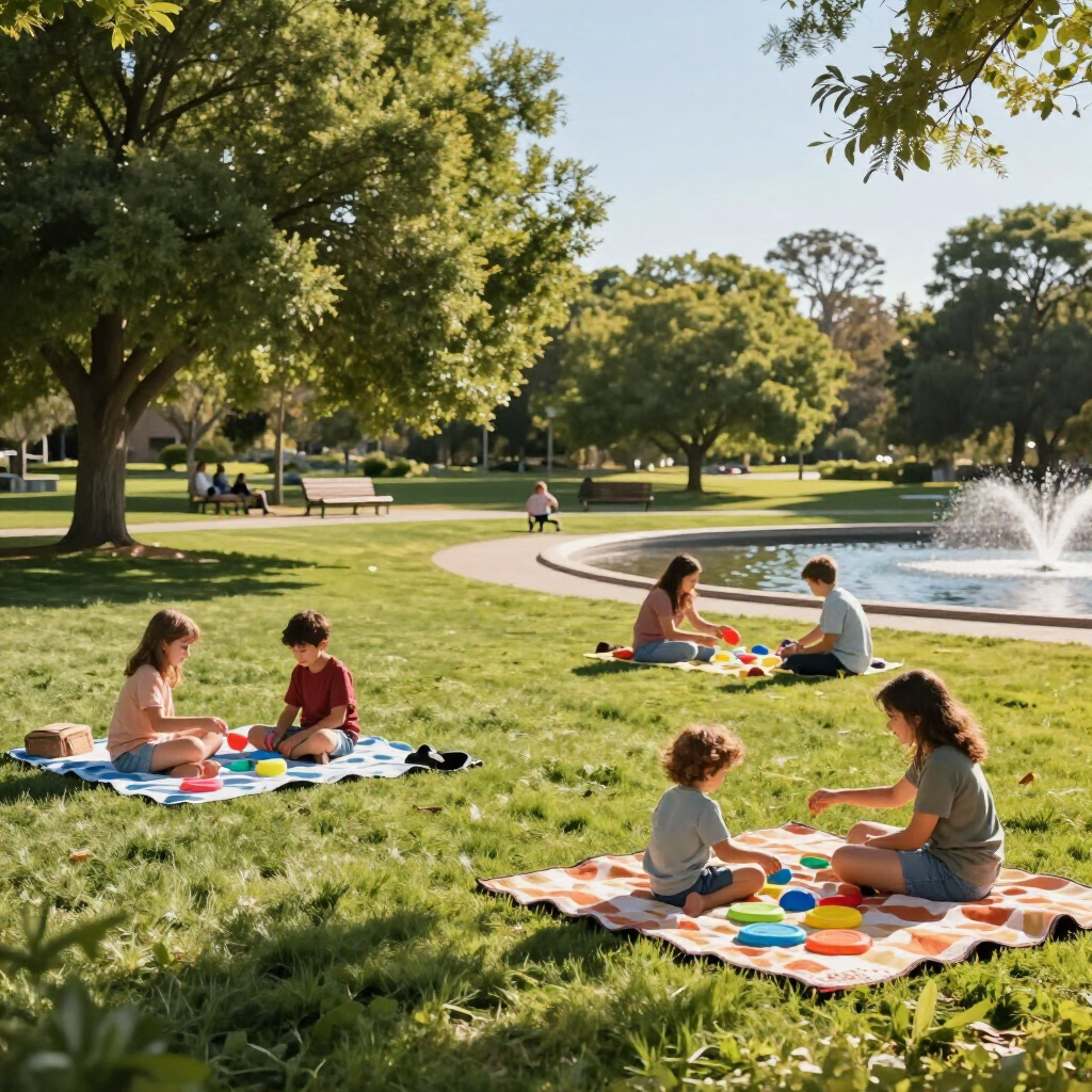 Families picnicking on blankets in a sunny park beside a fountain and trees