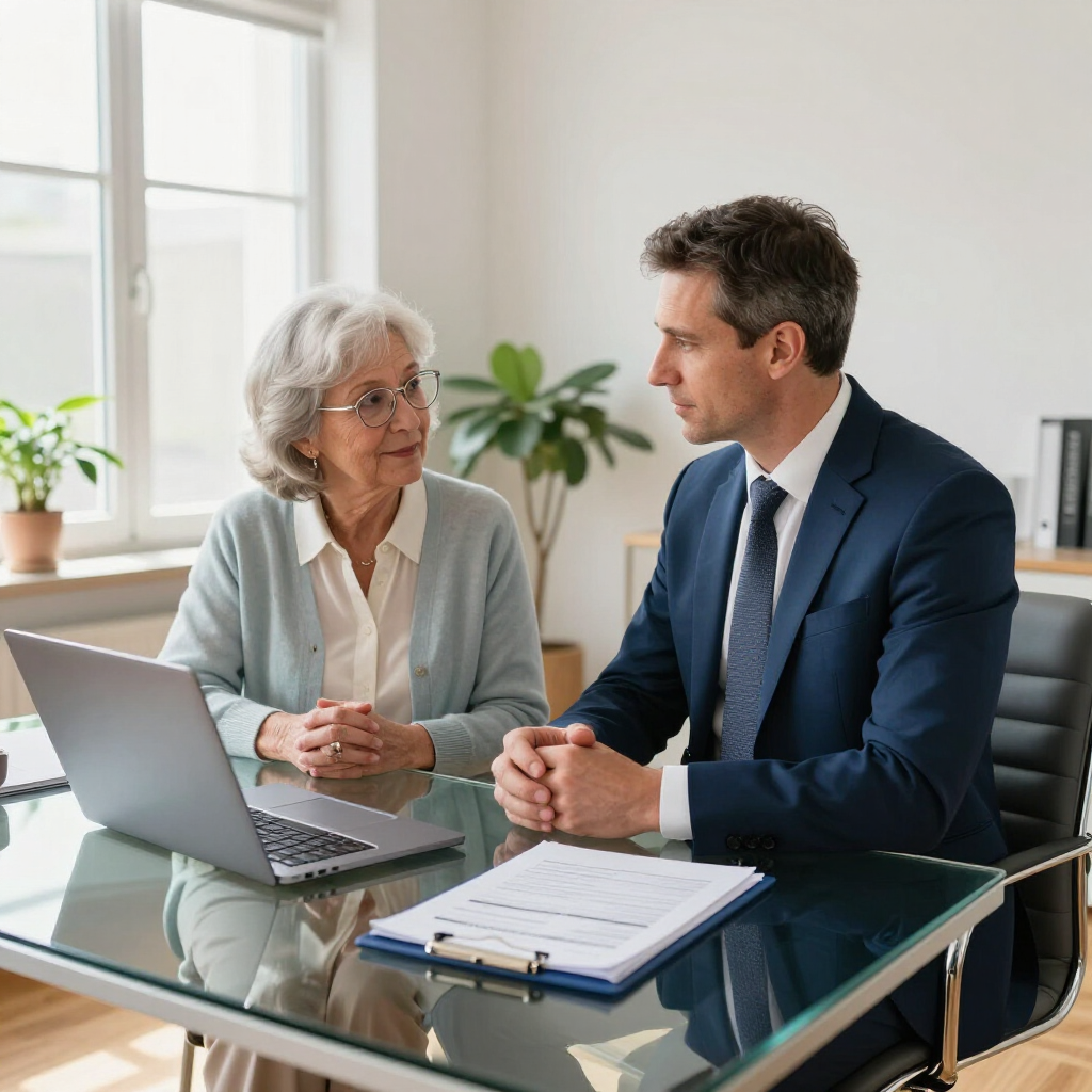 Two professionals meet at a glass desk, discussing documents beside a laptop in a bright office