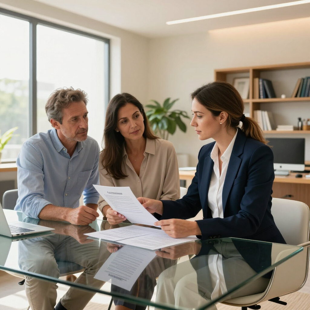 Three people review documents in a bright office around a glass table.