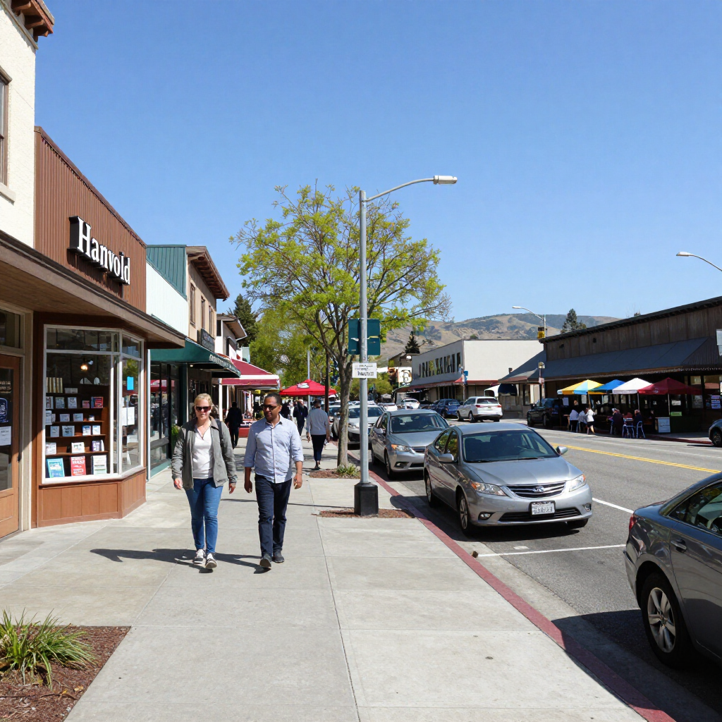 Two people walk on a sunny downtown sidewalk beside parked cars and storefronts.