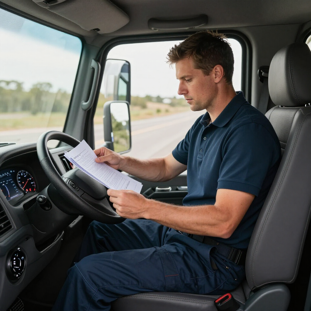 Driver in a truck cab reading a paper checklist while parked on a road.