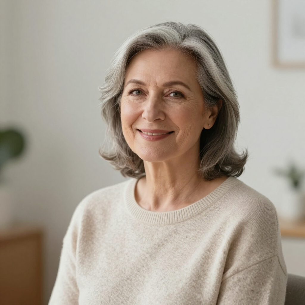 Smiling woman in a cream sweater in a softly lit living room