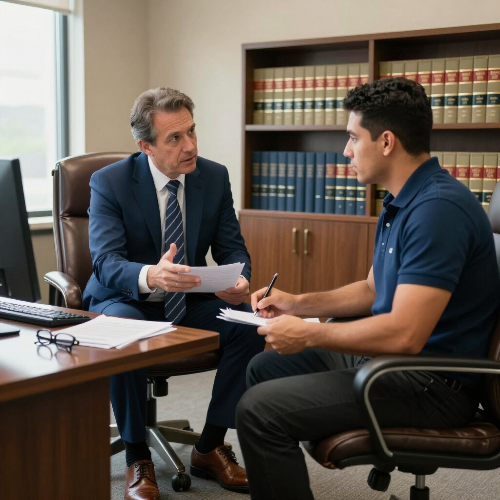 Lawyer speaking with a client across a desk in an office, papers in hand, bookshelves behind them