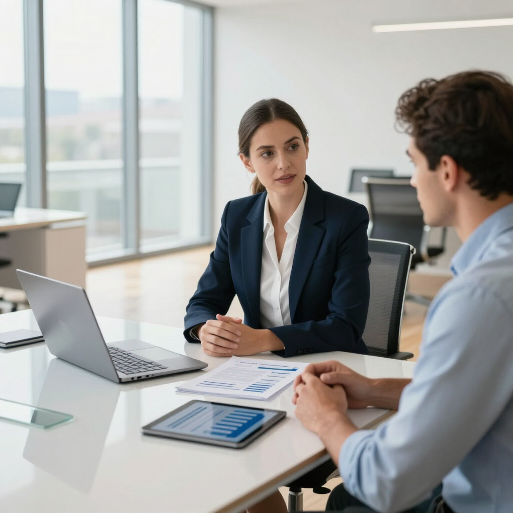 Two coworkers discuss documents at a bright office table with a laptop and tablet.
