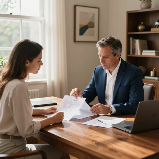 Two people review documents at a desk in a bright office, with a laptop and papers spread out.
