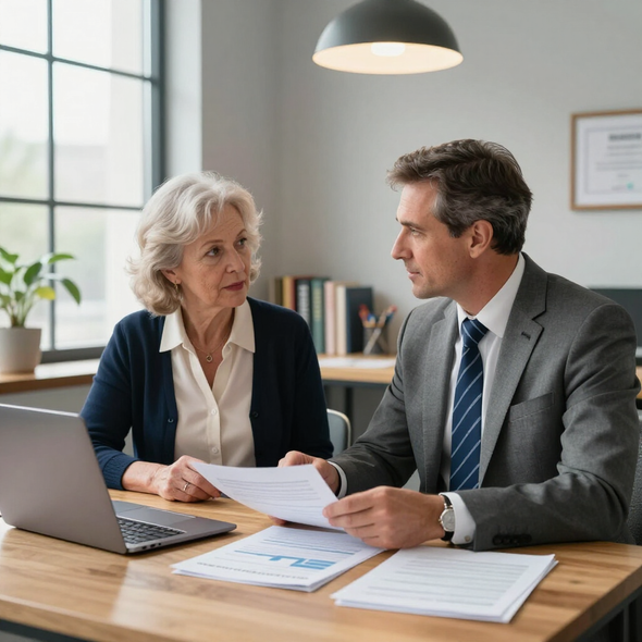 Two coworkers discuss documents at a desk in a bright office with a laptop and papers.