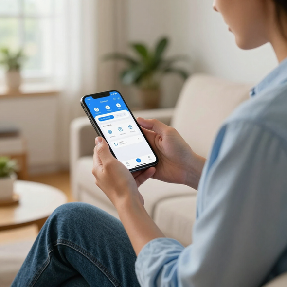 Person using a smartphone with a blue app screen while sitting on a couch in a bright living room
