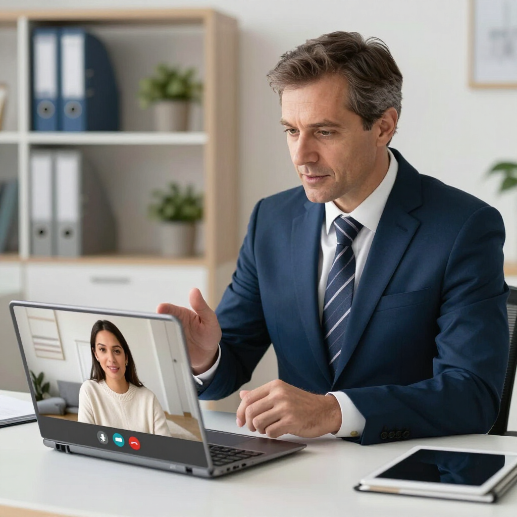 Businessman video conferencing from a laptop in an office, with a tablet and files on the desk.