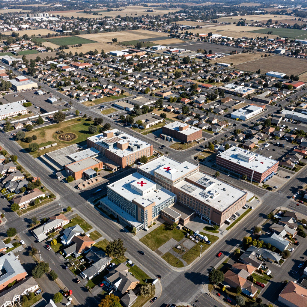 Aerial view of a suburban hospital campus with white buildings and red crosses, surrounded by neighborhoods.