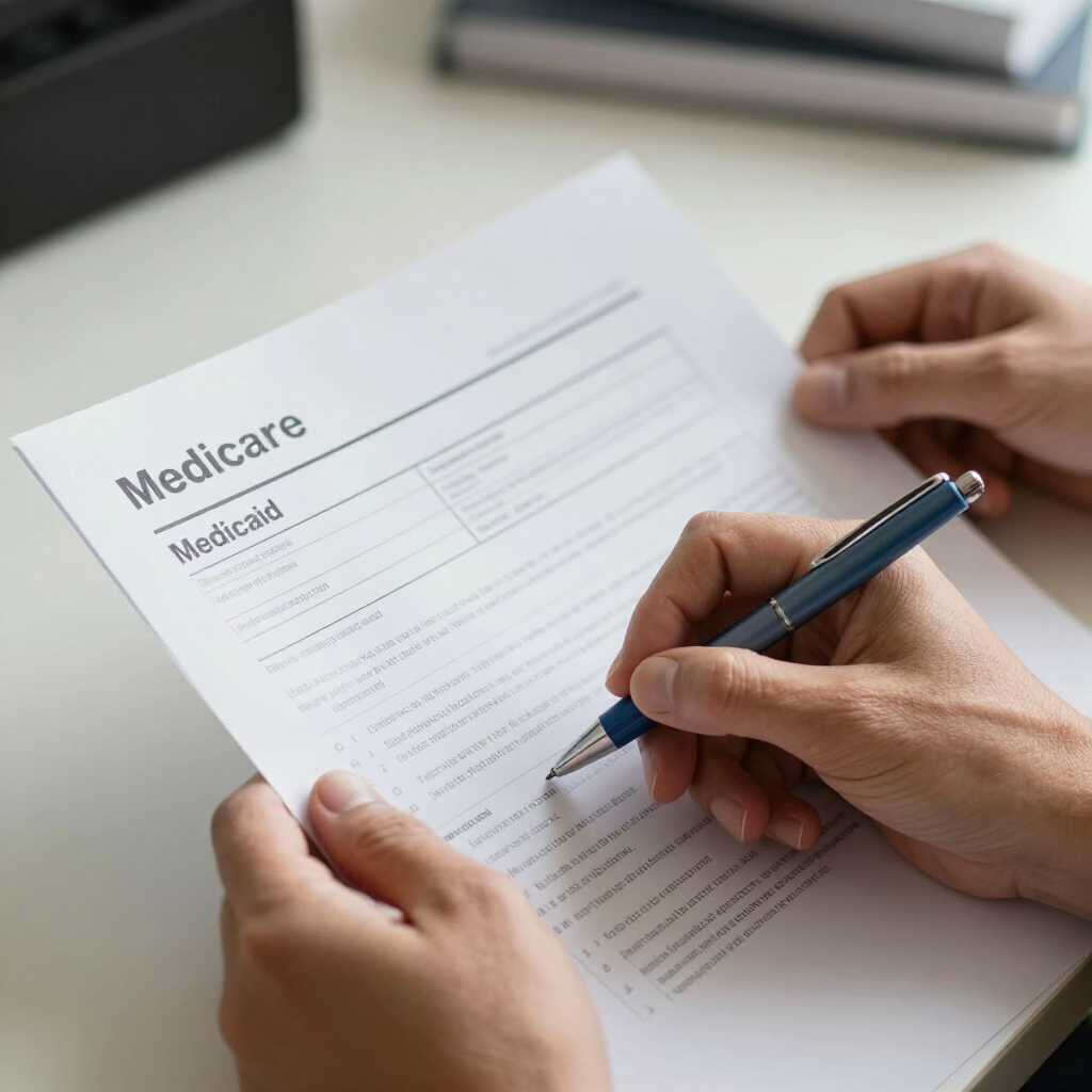 Hands filling out a Medicare form with a pen on a desk