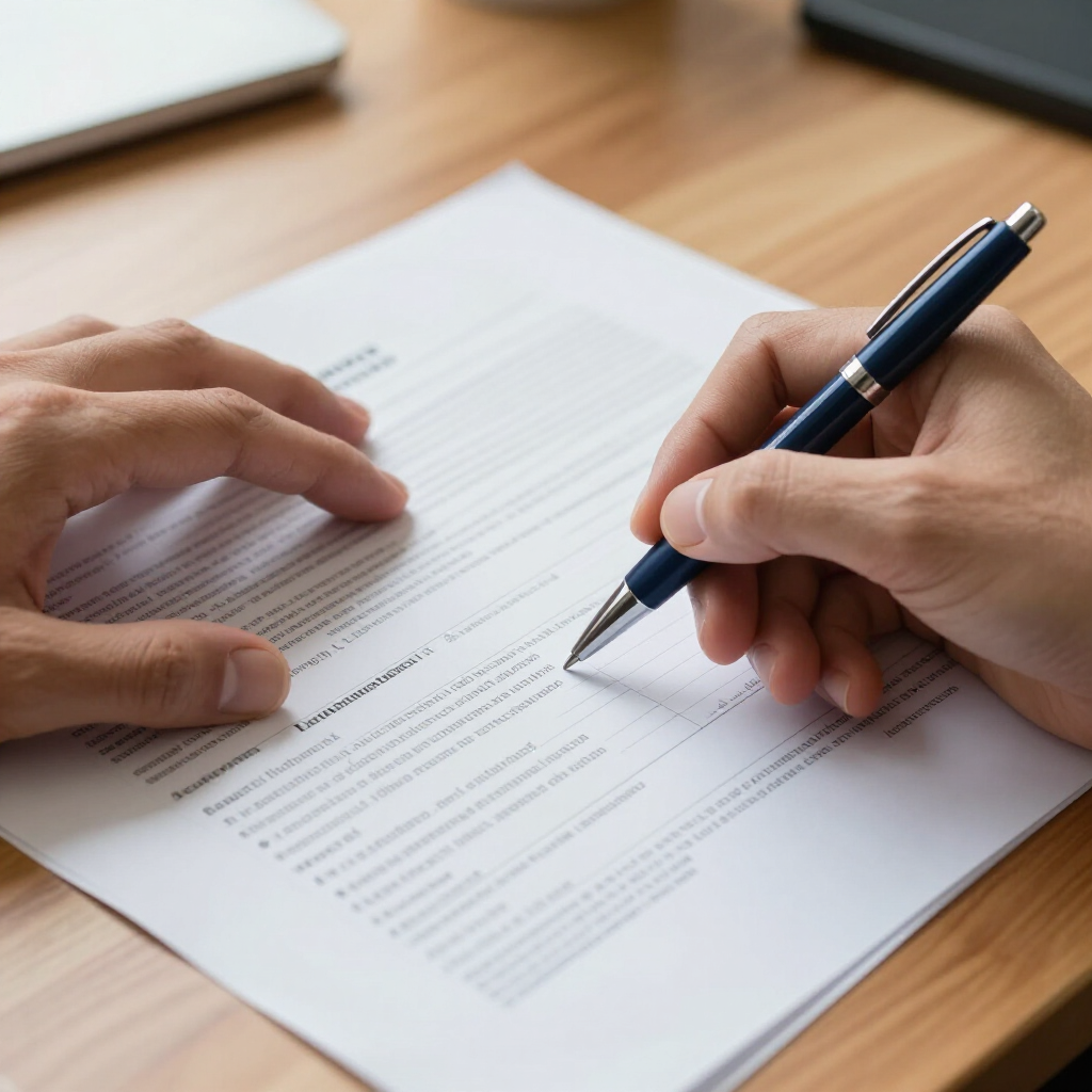 Hands filling out a form with a blue pen on a wooden desk
