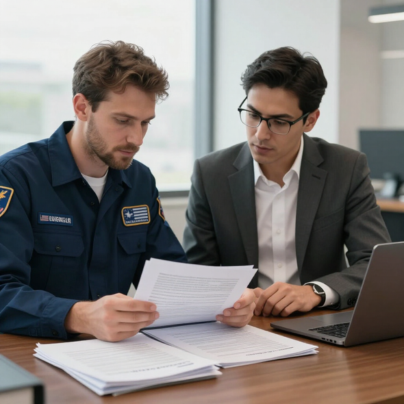 Two men reviewing documents at a desk in an office, with a laptop open beside them.