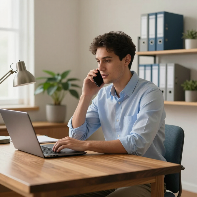 Person on a phone call while working on a laptop at a desk in an office