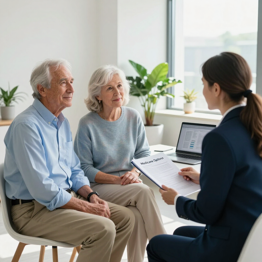 Older couple talking with a professional in a bright office during a consultation