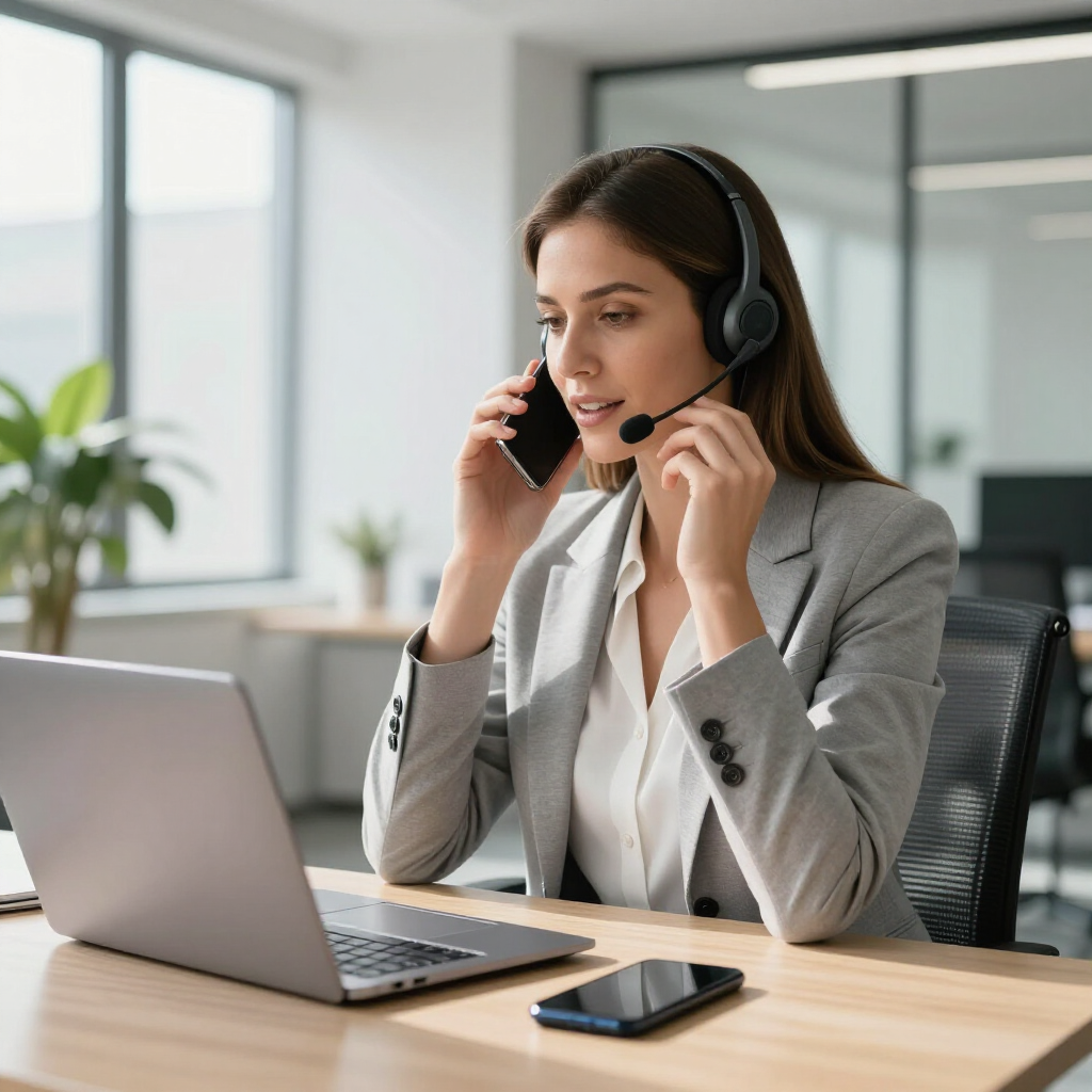 Woman wearing a headset speaking on a smartphone at a desk with a laptop in an office