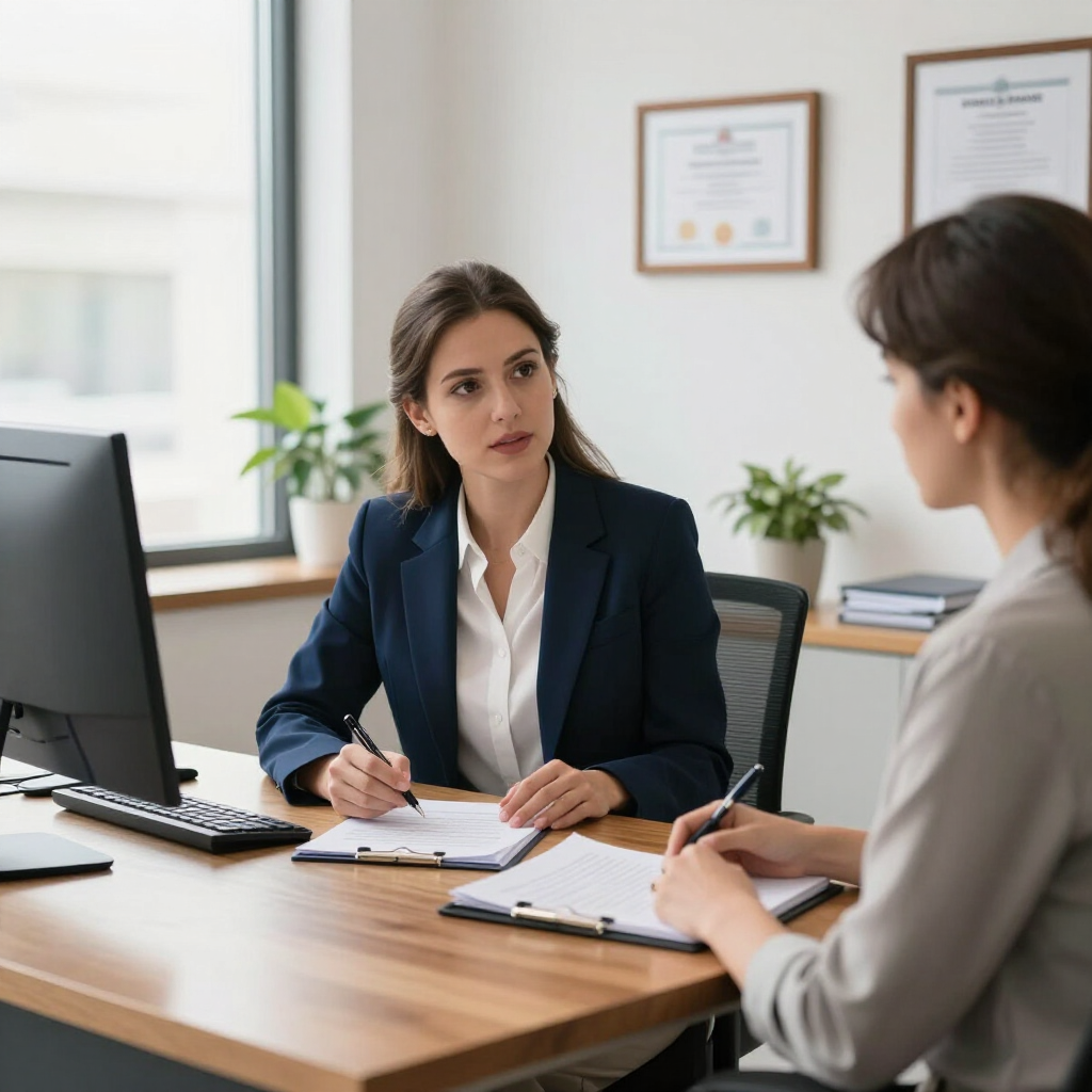 Two professionals discussing documents at a desk in a bright office