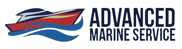 The logo for advanced marine service has a boat on it.