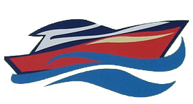 A red , white and blue boat is floating on top of a blue wave.