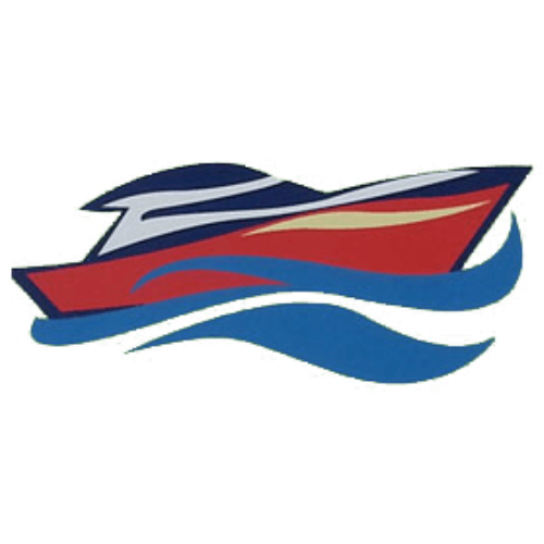 A red white and blue boat with waves on a white background