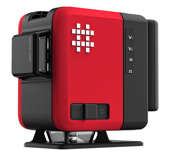 A red and black self-leveling laser level tool with vertical and horizontal line control buttons on the side.