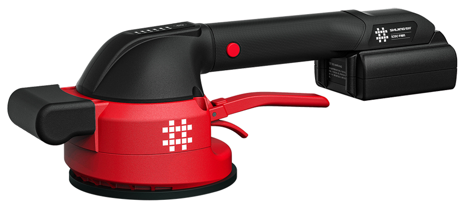 A cordless, handheld electric vacuum suction lifter with a black handle, battery pack, and a bright red suction head.