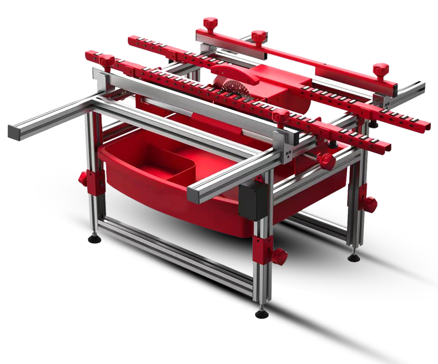 A red and metallic gray modular tool station with adjustable guide rails and a storage tray, shown on a white background.