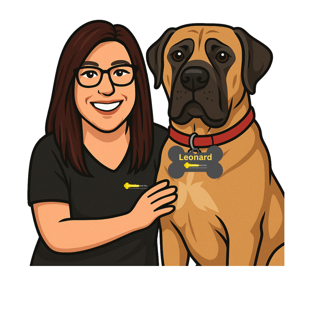 A cartoon drawing of a woman and a dog named leonard