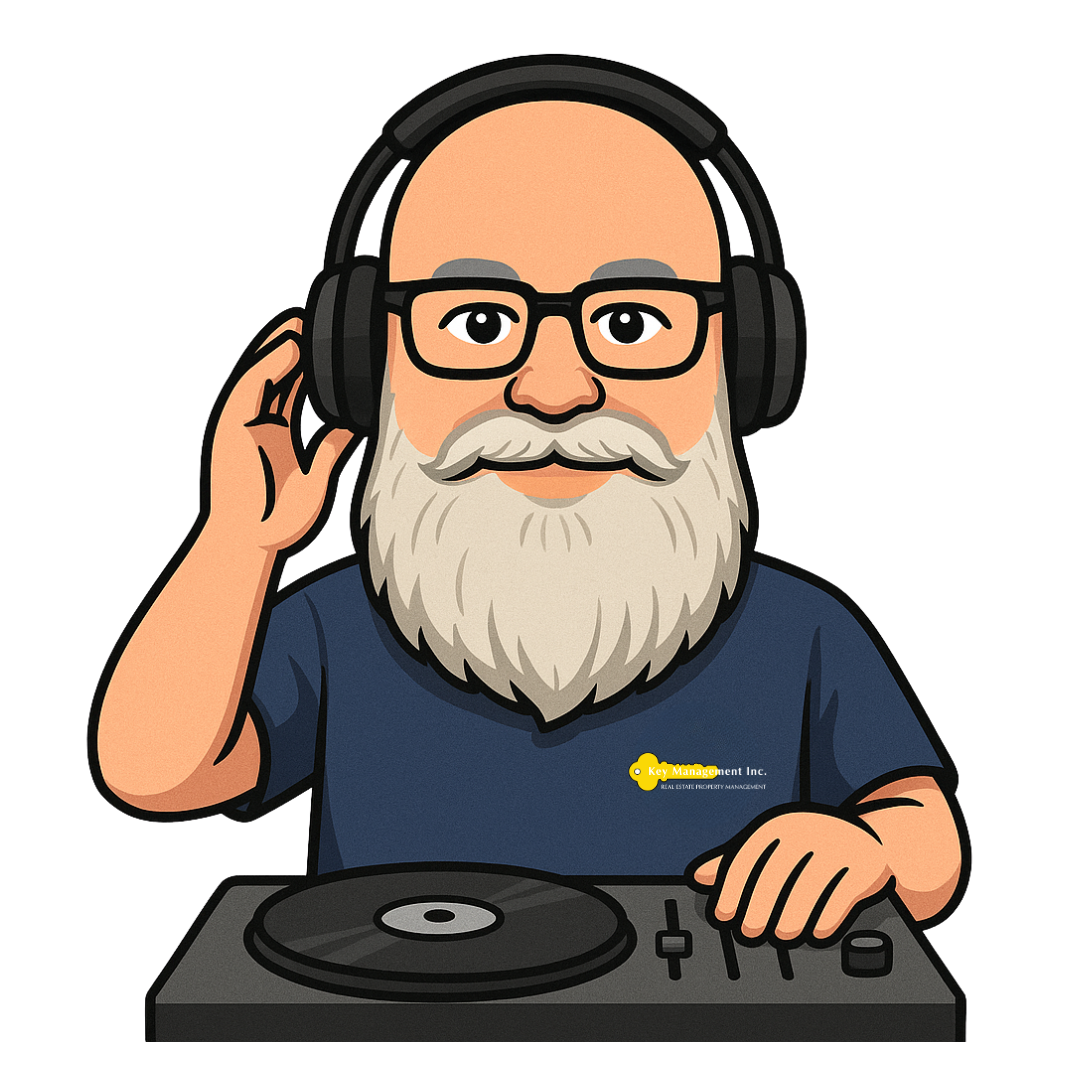 A cartoon of a man with a beard wearing headphones and playing a record.
