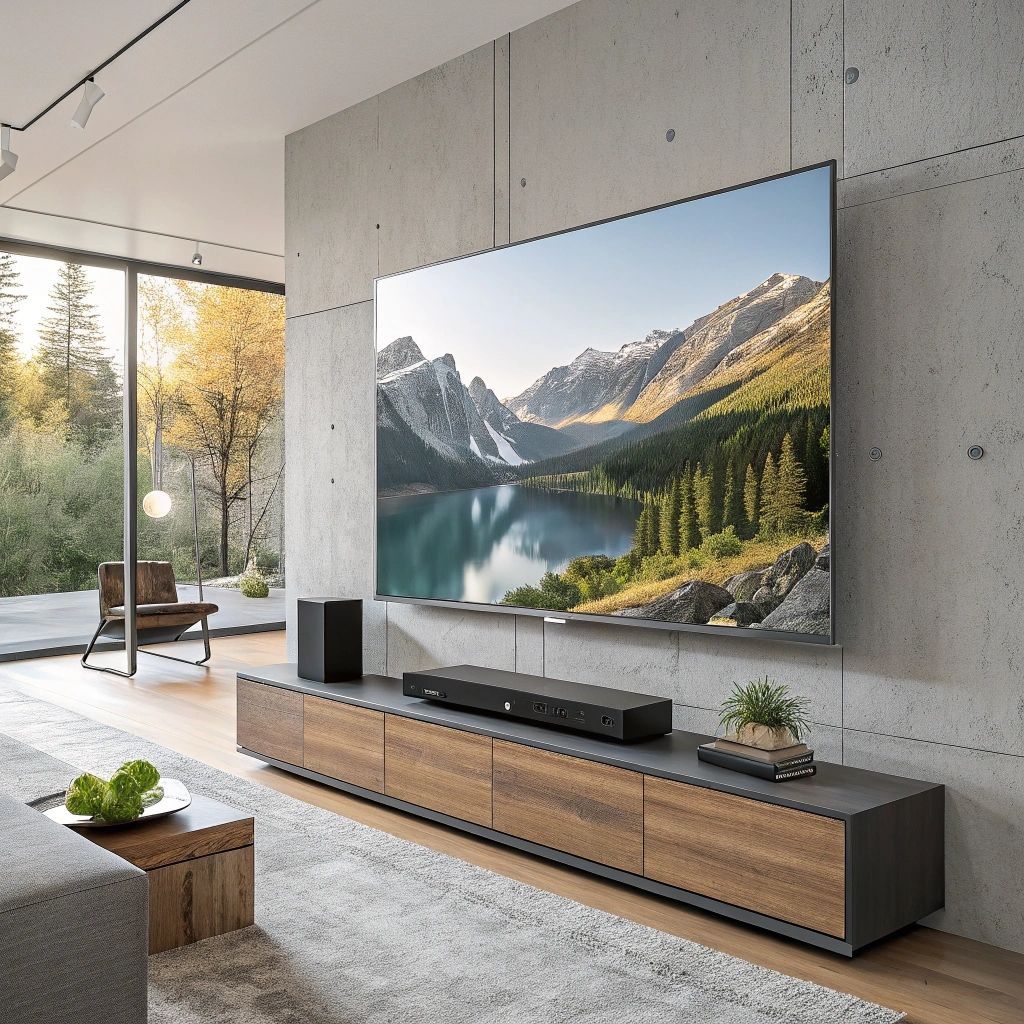 Modern living room with a large TV mounted on a concrete wall above a wooden console.