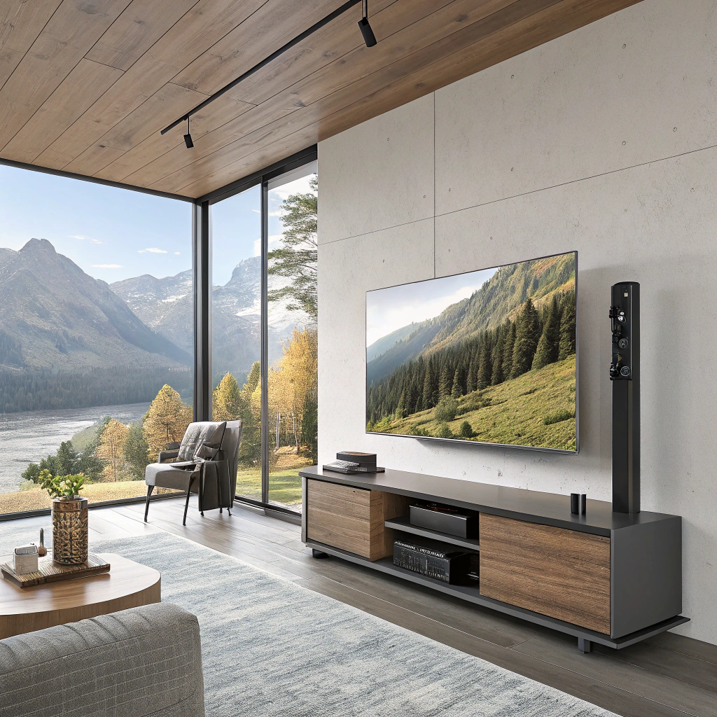 A living room with a large flat screen tv on the wall