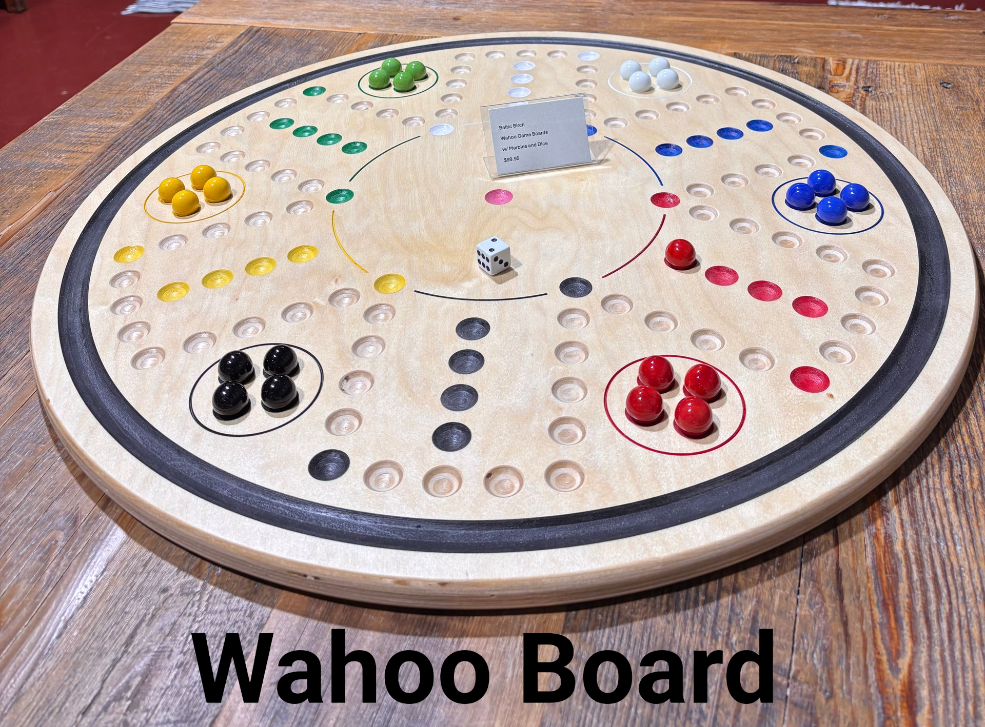Wahoo Board. Fun board game for all ages. Using 3/4 inch marble set with 6 different colors and one die provided. Play singles or as teams. Let's the games begin! Online Store with shipping or pickup in Hutchinson, KS