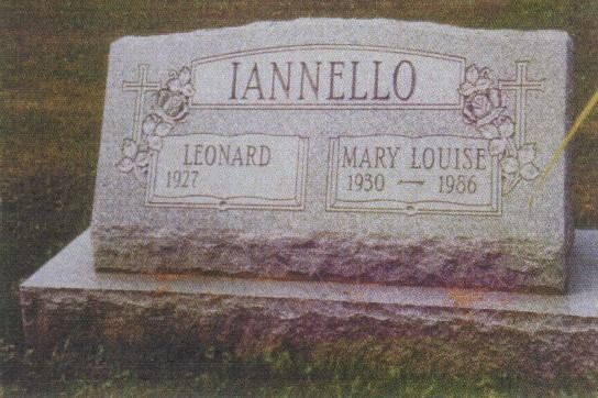 Gravestone of Leonard Iannello (1927) and Mary Louise Iannello (1930-1956). Light stone, two panels, name at top.