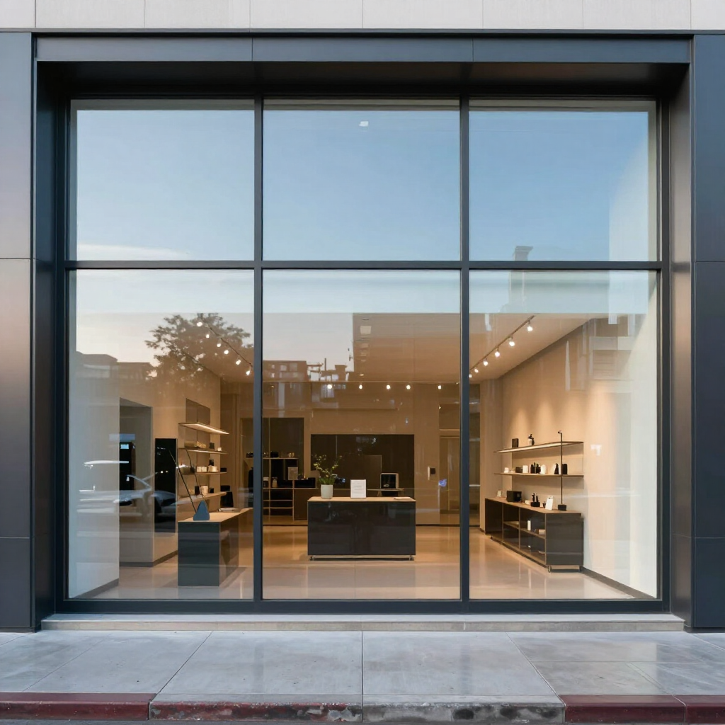 Modern storefront with large glass windows revealing a minimalist interior display.