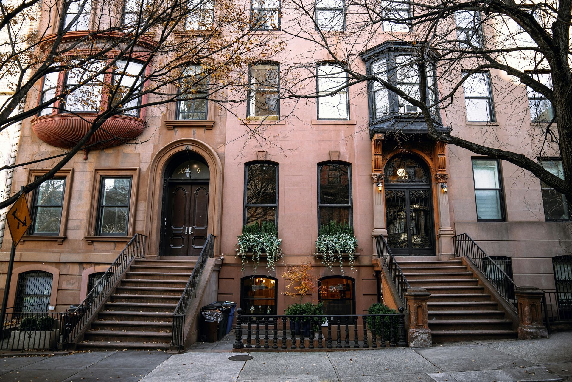 Brownstone row houses with stoops, bare tree branches, and iron railings on a quiet street