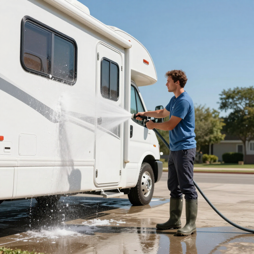 Person washing a white RV with a hose on a sunny driveway