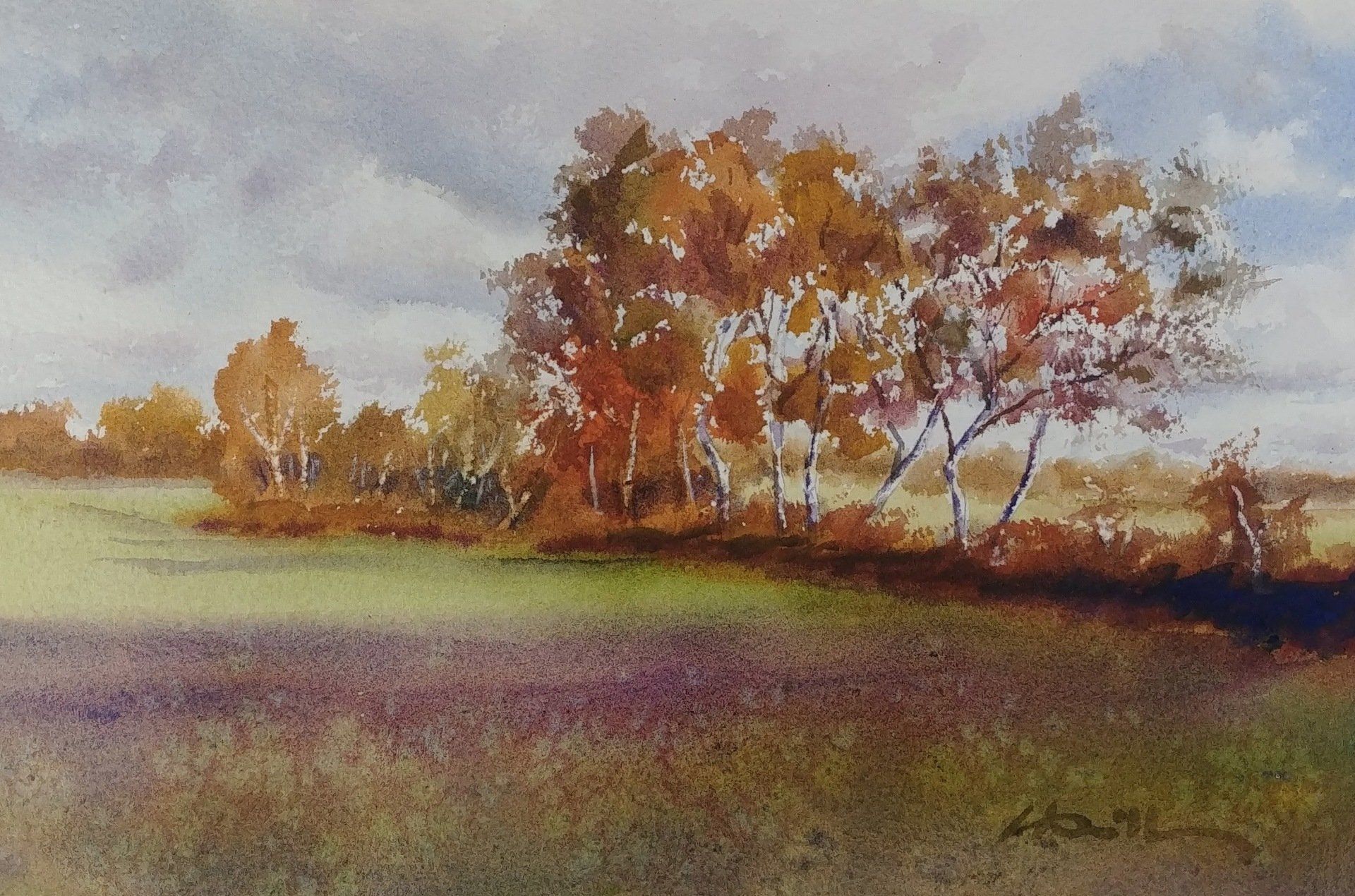 Autumn Birch Trees watercolor virtual zoom landscapes class painting lesson robert sherrill workshops