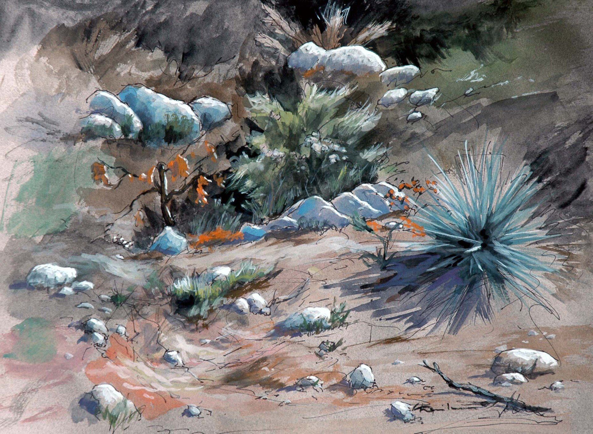 A watercolor landscapes class painting of the trail path at Eaton Canyon by Robert Sherrill Workshops
