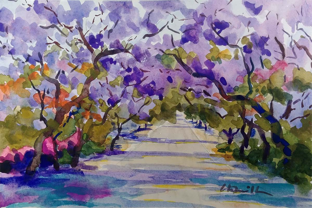 A watercolor landscapes class painting of Jacarandas in Bloom by Robert Sherrill Workshops