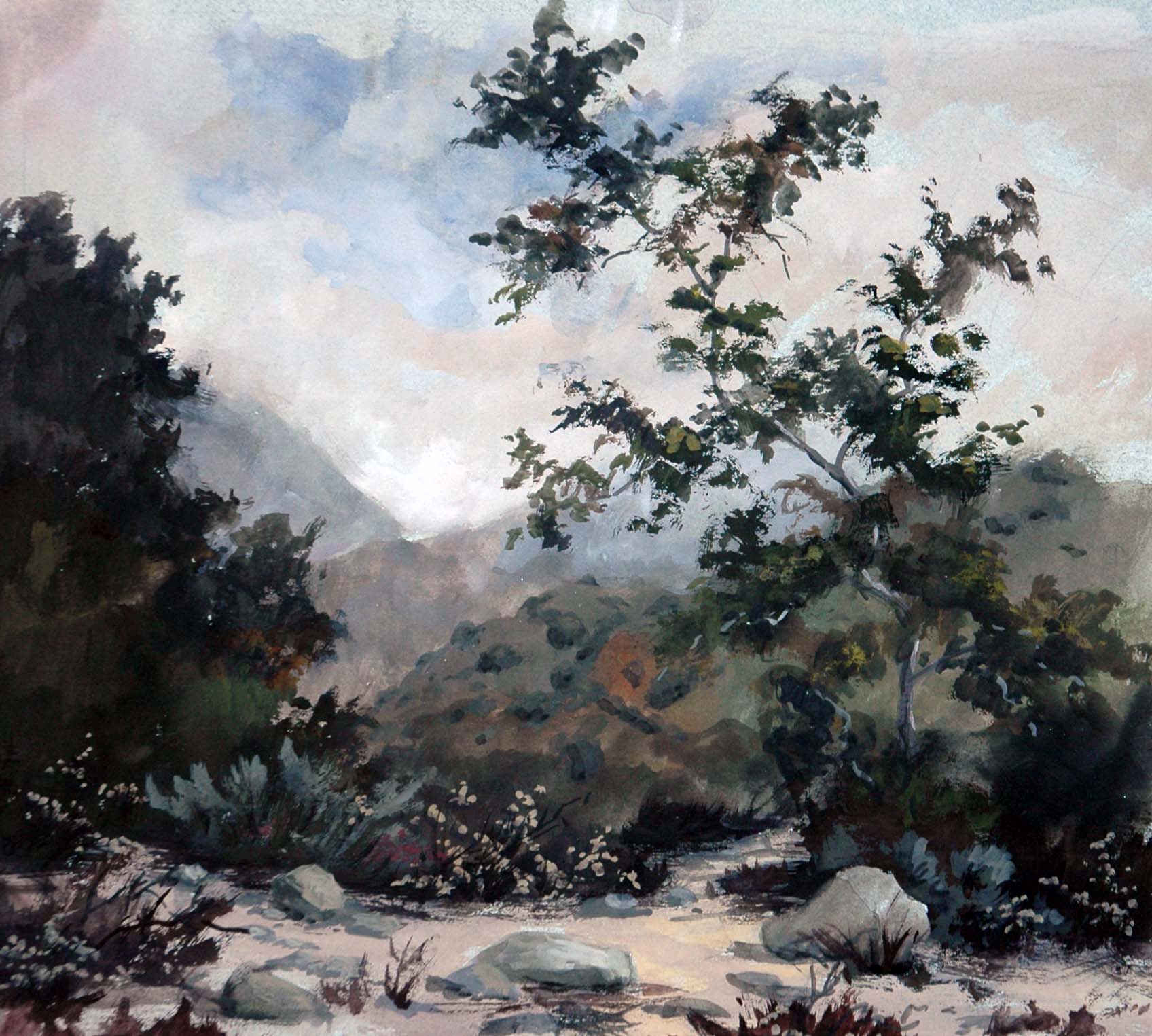 A watercolor landscapes class painting of low clouds at Eaton Canyon by Robert Sherrill Workshops