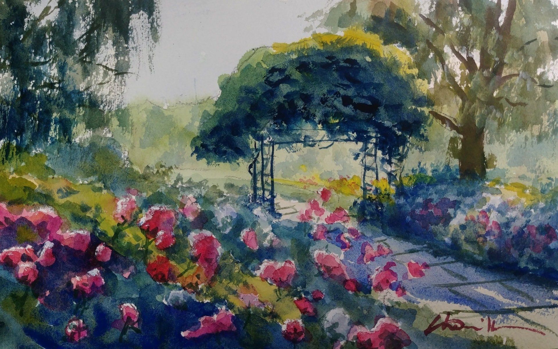 rose garden huntington library watercolor virtual zoom landscapes class painting lesson robert sherrill workshops