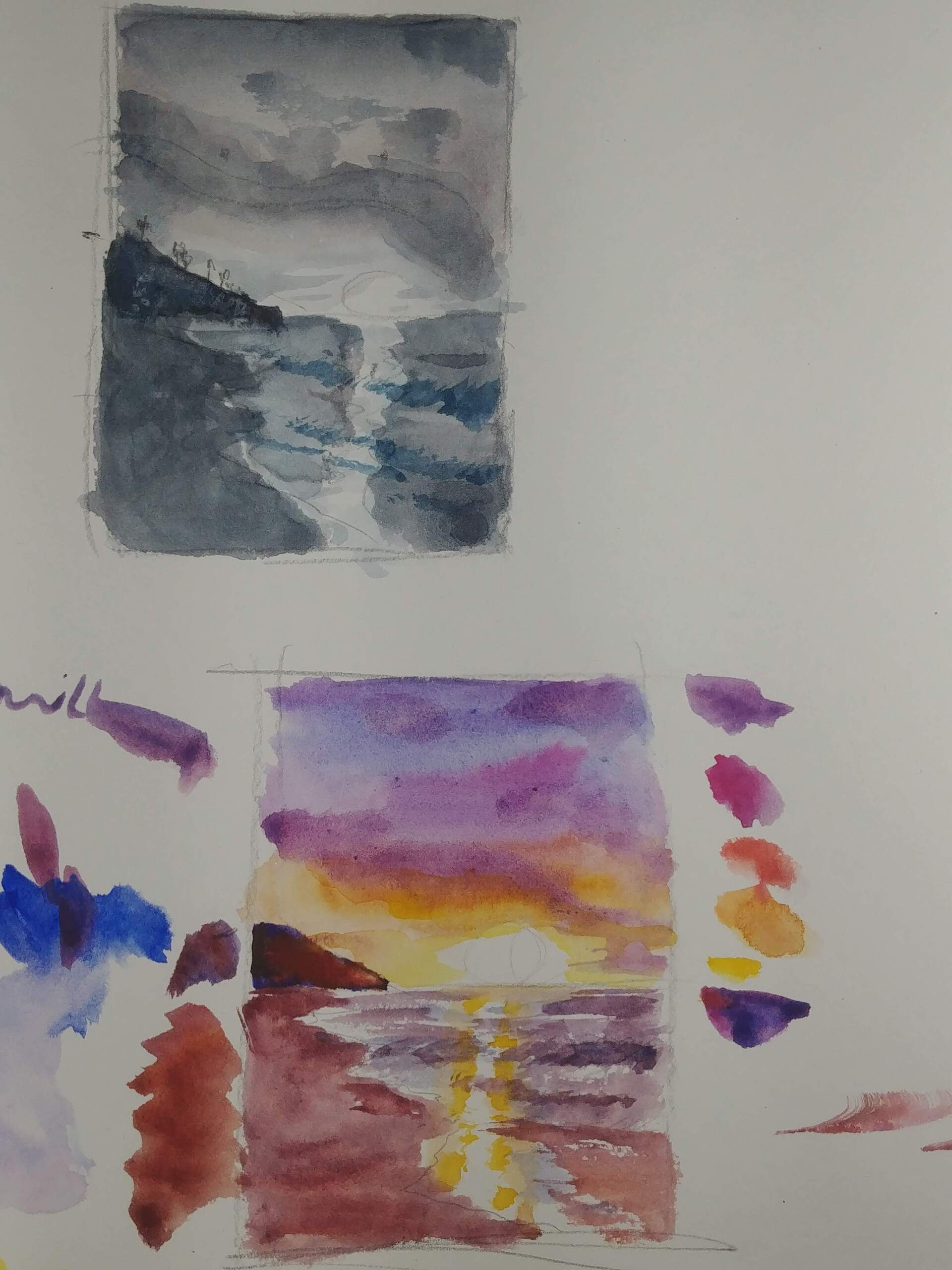beach sunset reflection watercolor painting process study
