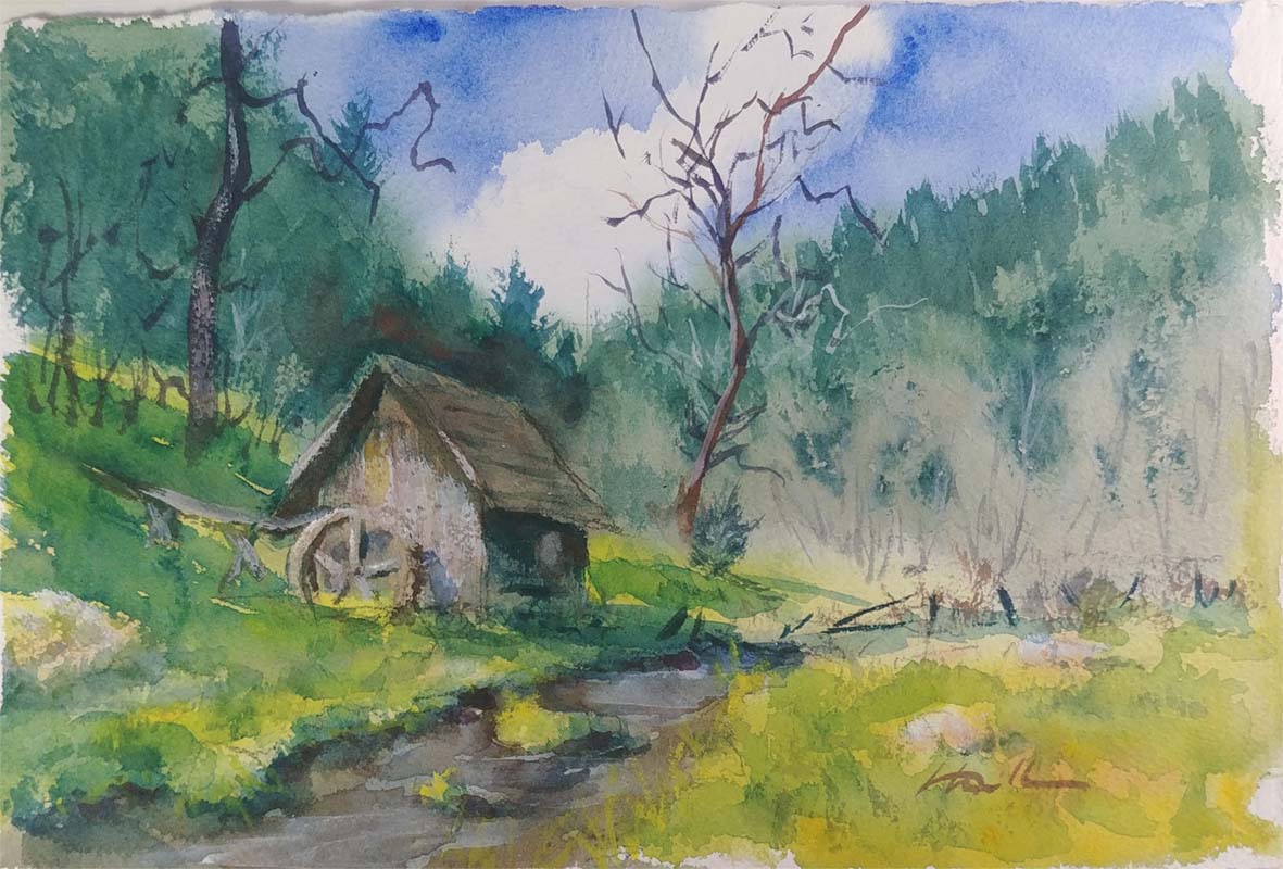 the barn and the river watercolor landscape painting