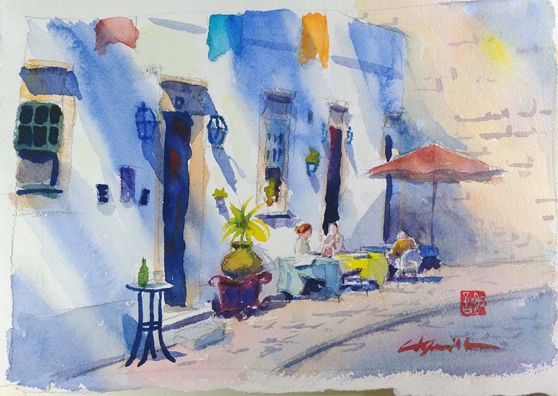 cafe scene watercolor streetscape painting