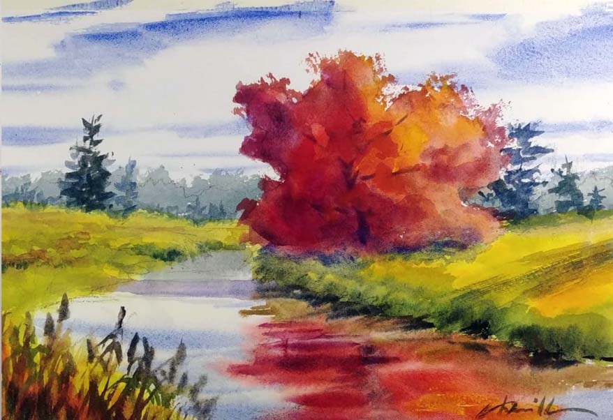 autumn blaze maple trees along the river watercolor painting