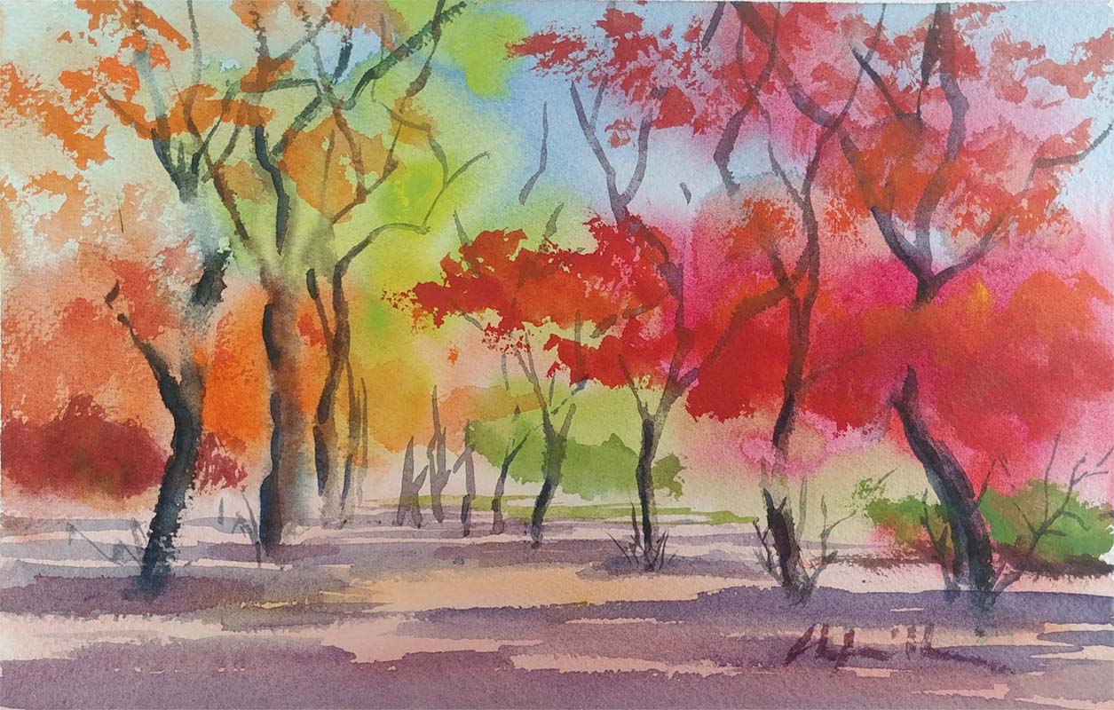 colorful trees watercolor landscape painting
