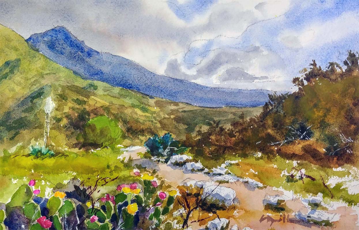 A watercolor landscapes class painting of early morning at Eaton Canyon by Robert Sherrill Workshops